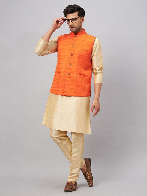Vastramay Men's Orange Matka Silk Nehru Jacket With Gold Silk Blend Kurta and Pant style Pyjama Set
